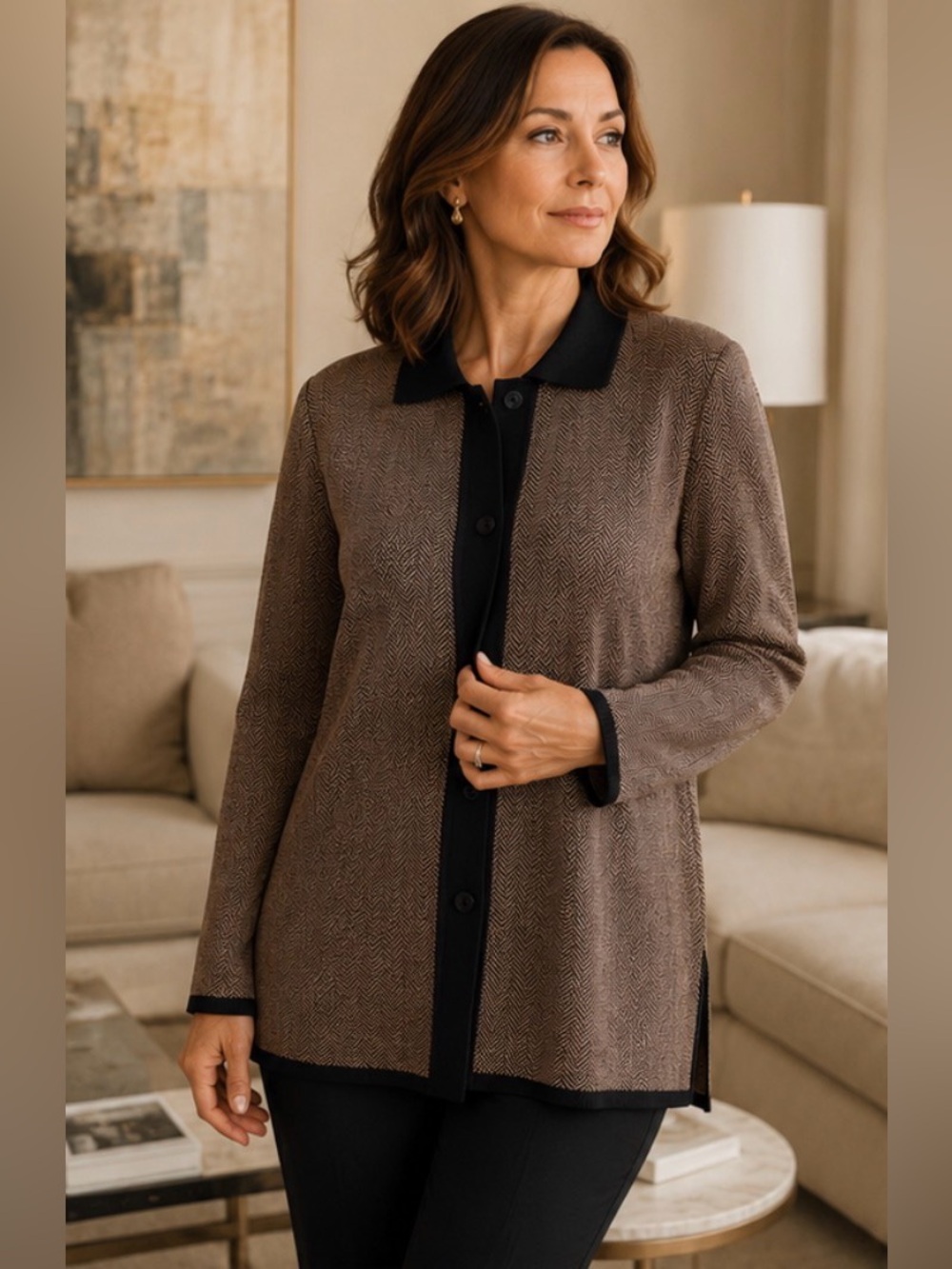 Exclusively Misook Brown Black Herringbone Knit Blazer Cardigan Jacket Large